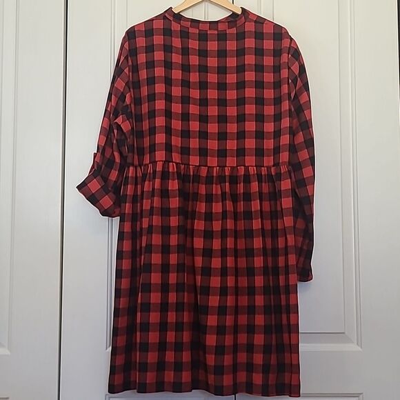 Suzanne Betro Plus Buffalo Plaid Red Bkack Babydoll Dress Long Sleeve Size 2X - Picture 8 of 13